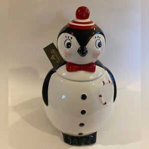 Johanna Parker Carnival Cottage Penguin Christmas Cookie Jar Canister